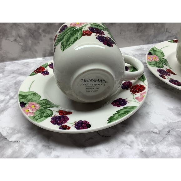 Tienshan Stoneware Mug & Saucer Set of 2 "Raspberry Social" Pattern - Preowned - Picture 3 of 5